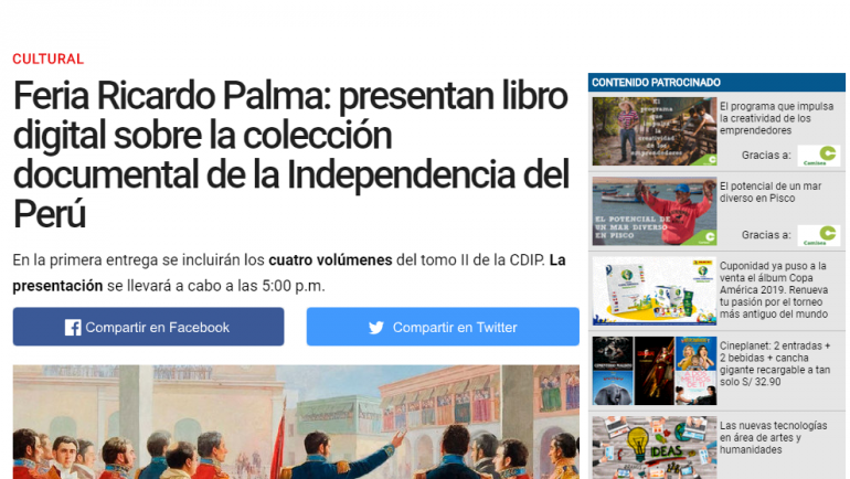 Feria Ricardo Palma: presentan libro digital sobre la colección documental de la Independencia del Perú